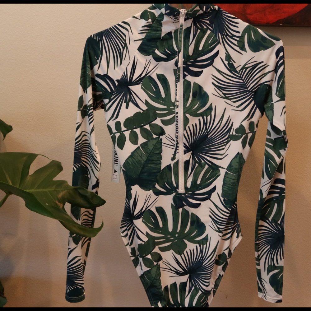 Frond Print Long Sleeve One-Piece Swimsuit